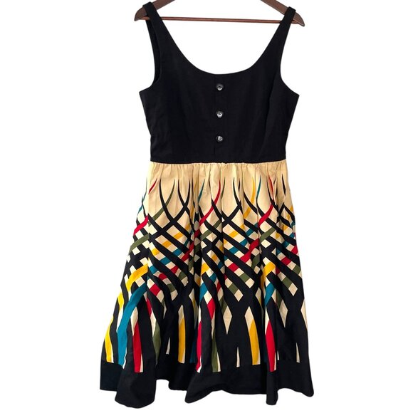 Voodoo Vixen Jean Fit & Flare Dress L Geometric Black Rockabilly Retro 50s Look - Picture 2 of 8